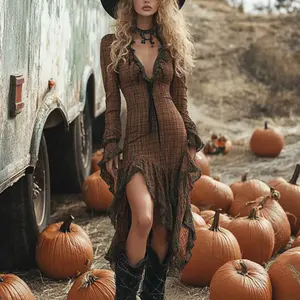 Women's Solid Color Plaid Long Sleeve Deep V-Neck Ruffle Trim Dress Spring Summer Asymmetric Hem Vintage Style Midi Dress