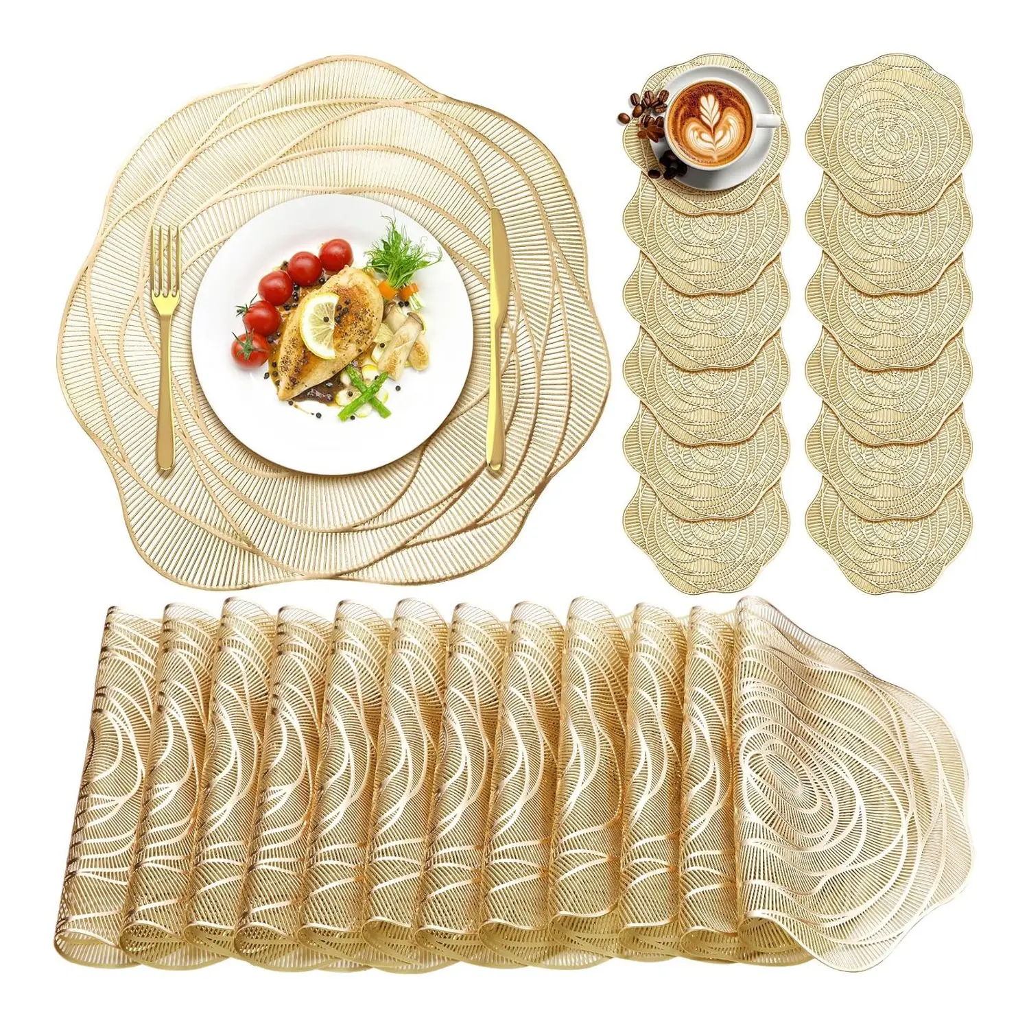 Round Pressed Vinyl Placemats Gold Placemat Coaster Set Kitchenware Metallic Place Mat Rose Floral Floral Pattern Placemat Non Slip Table Mats for Wedding Dinner Party Table Supplies Washable Heat Resistant Kitchen Decorative Placemat
