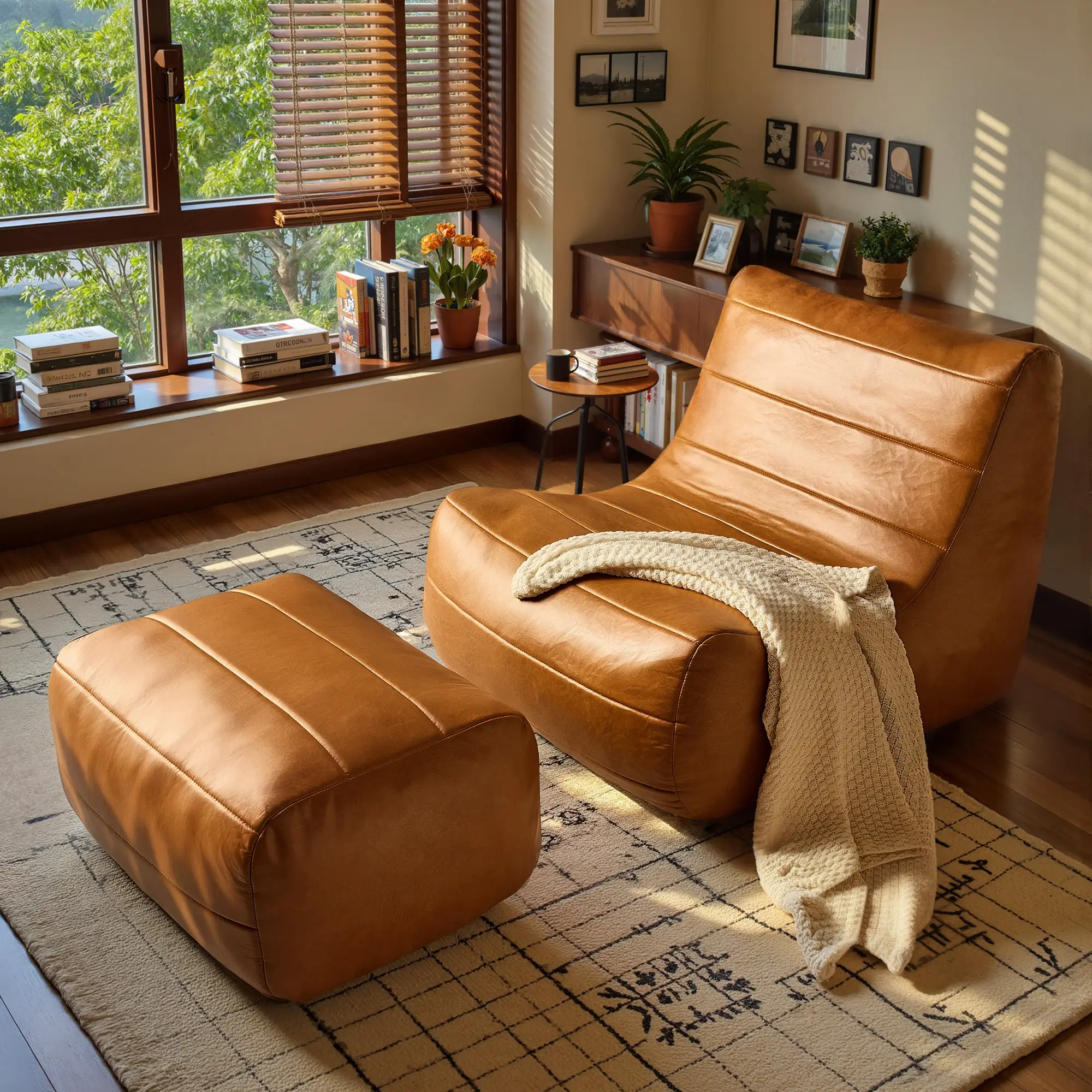 40‘’ Bean Bag Lounger, Living Room and Gaming Seat with Ottoman, Copper Harbor Vegan Leather, Chair & Ottoman Set for Small Space, Extreme Soft&Comfy, No Assembly Needed