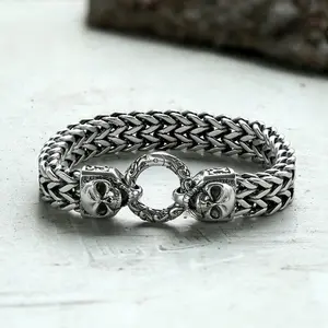 GTHIC Double Ghost Head Buckle Stainless Steel Skull Biker Bracelet for Men Gothic Accessories for Daily Wear