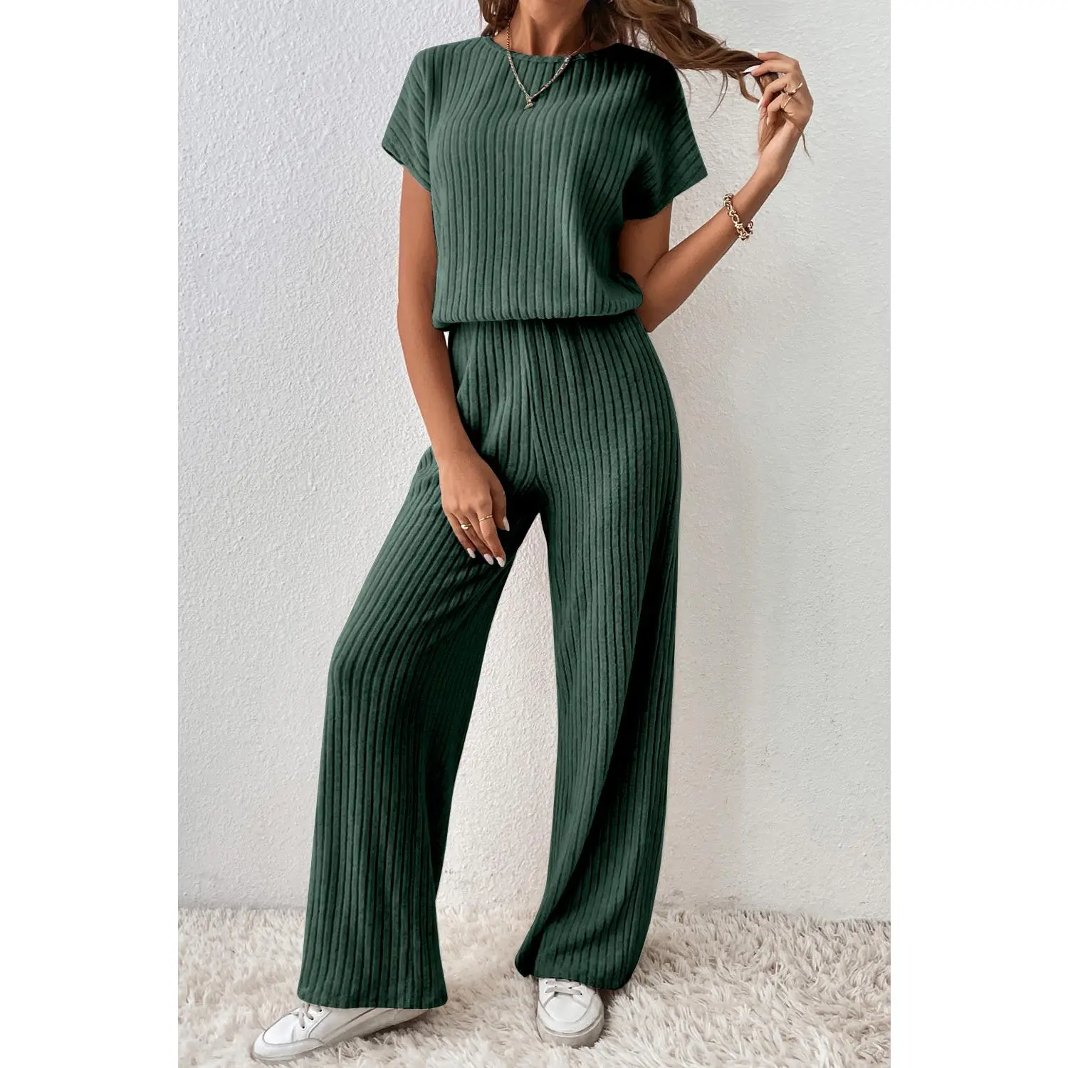 Mist Green Ribbed Keyhole Short Sleeve Wide Leg Jumpsuit