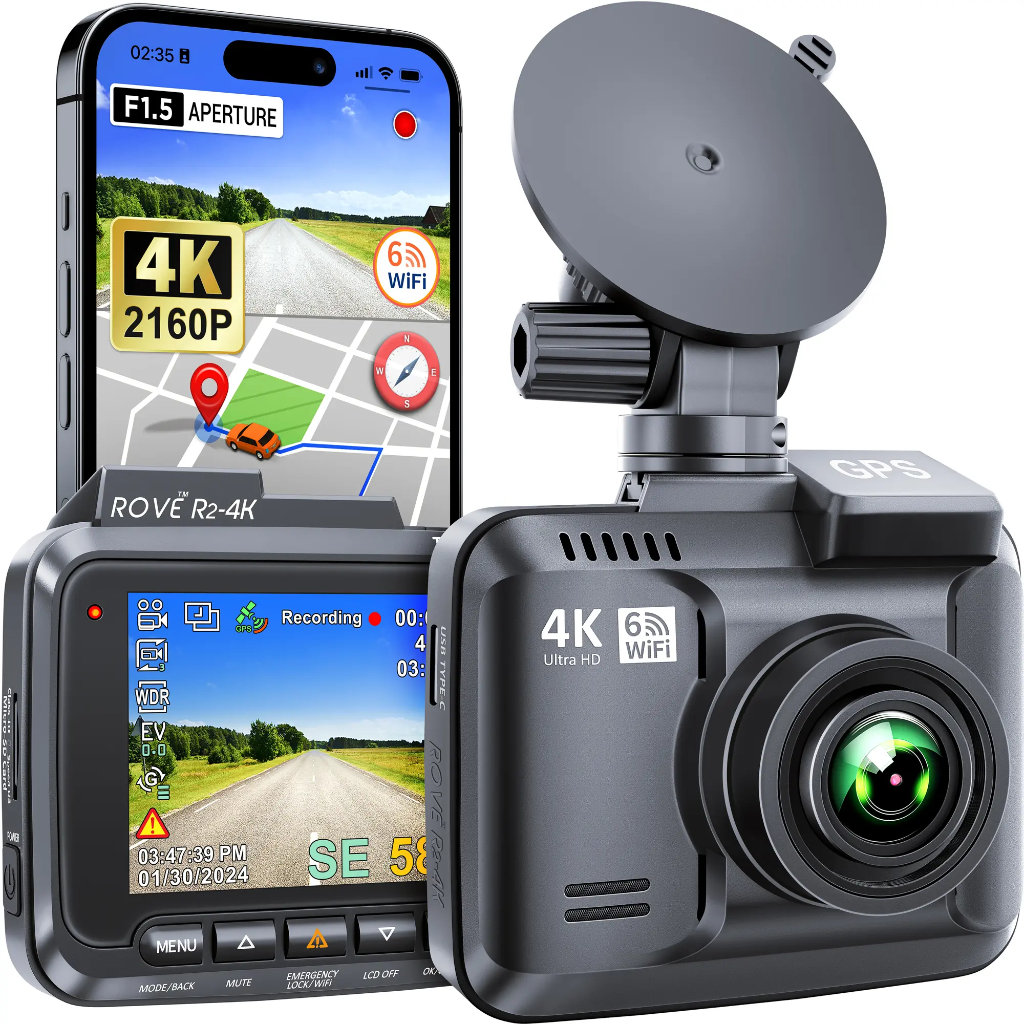 ROVE R2-4K Dash Cam with 4K Ultra HD, Super Night Vision Technology and Built-in WiFi 6, GPS ROVE R2-4K Dash Cam with 4K Ultra HD, Super Night Vision Technology and Built-in WiFi 6, GPS