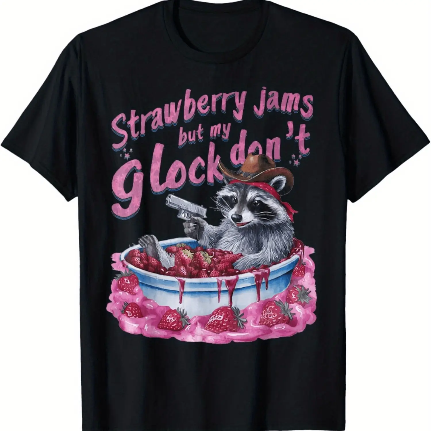 Loose Shortsleeve Tshirt Top Garment, Sports & Outdoor Playful Raccoon Cowboy Graphic Tee With Strawberry Jams And Toy Gun Accents, Casual