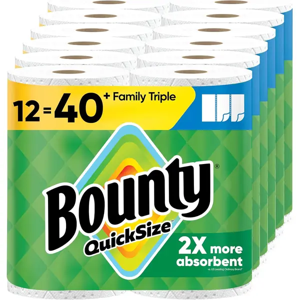 Bounty Quick-Size Paper Towels White 12 Family Triple Rolls Equal 40 Regular Rolls 2X More Absorbent for Everyday Use Quick Size Design