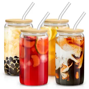 Glass Cups with Bamboo Lids and Glass Straws 16oz Tumbler Set Mason Cup, Ice Coffee, Ideal for Whiskey Coke Drinkware Jar Beverage Stylish Bottles Tin