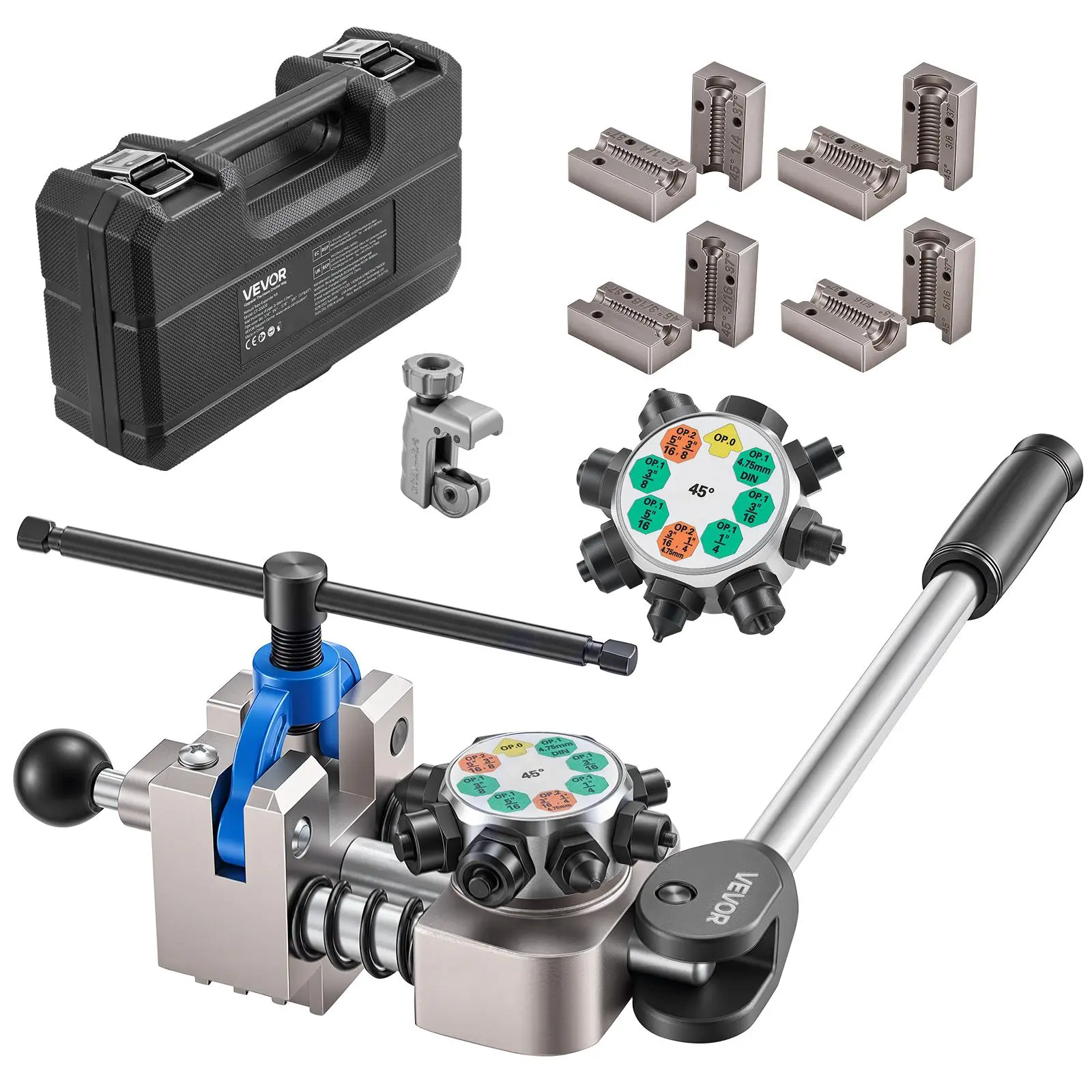 VEVOR Professional Manual Lever Flare Tool Kit, 45° Angle Double & Bubble Type for 3/16", 1/4", 5/16", 3/8" Inches Copper, Aluminum, Thin Steel Tubes