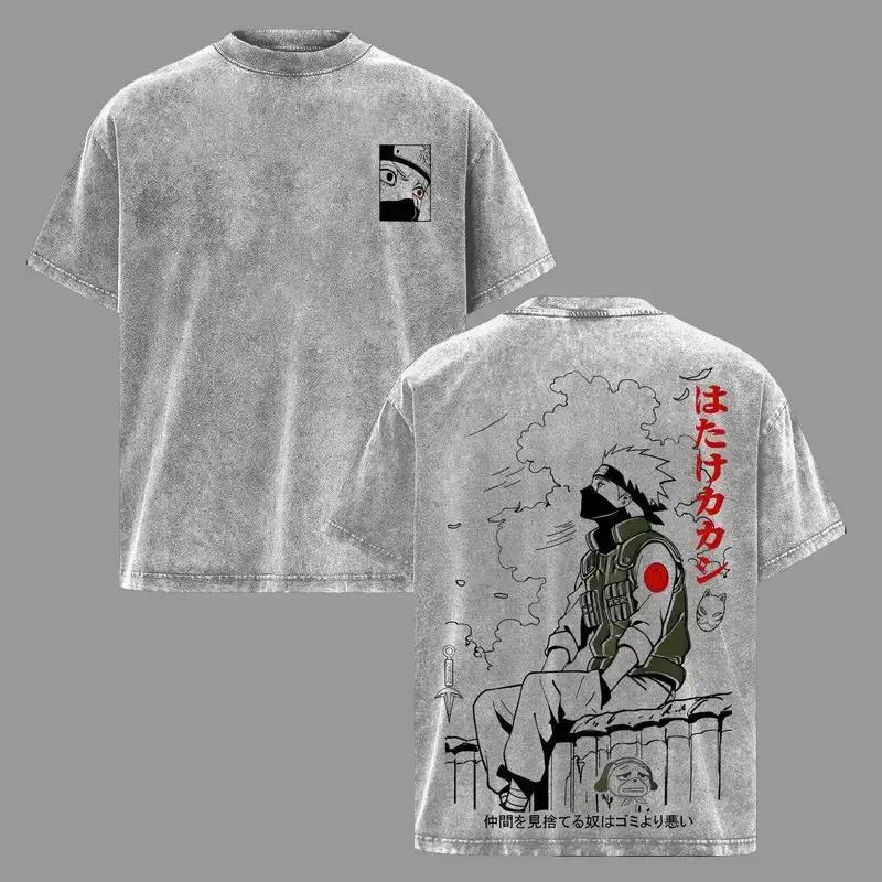 Menswear Unisex Vintage Washed Oversized Short-Sleeve T-Shirt - Naruto Anime Copy Ninja Hatake Kakashi Graphic Tee, Soft Cotton Casual Streetwear, Gift for Fans Crewneck Tshirt Menswear Tops Grey