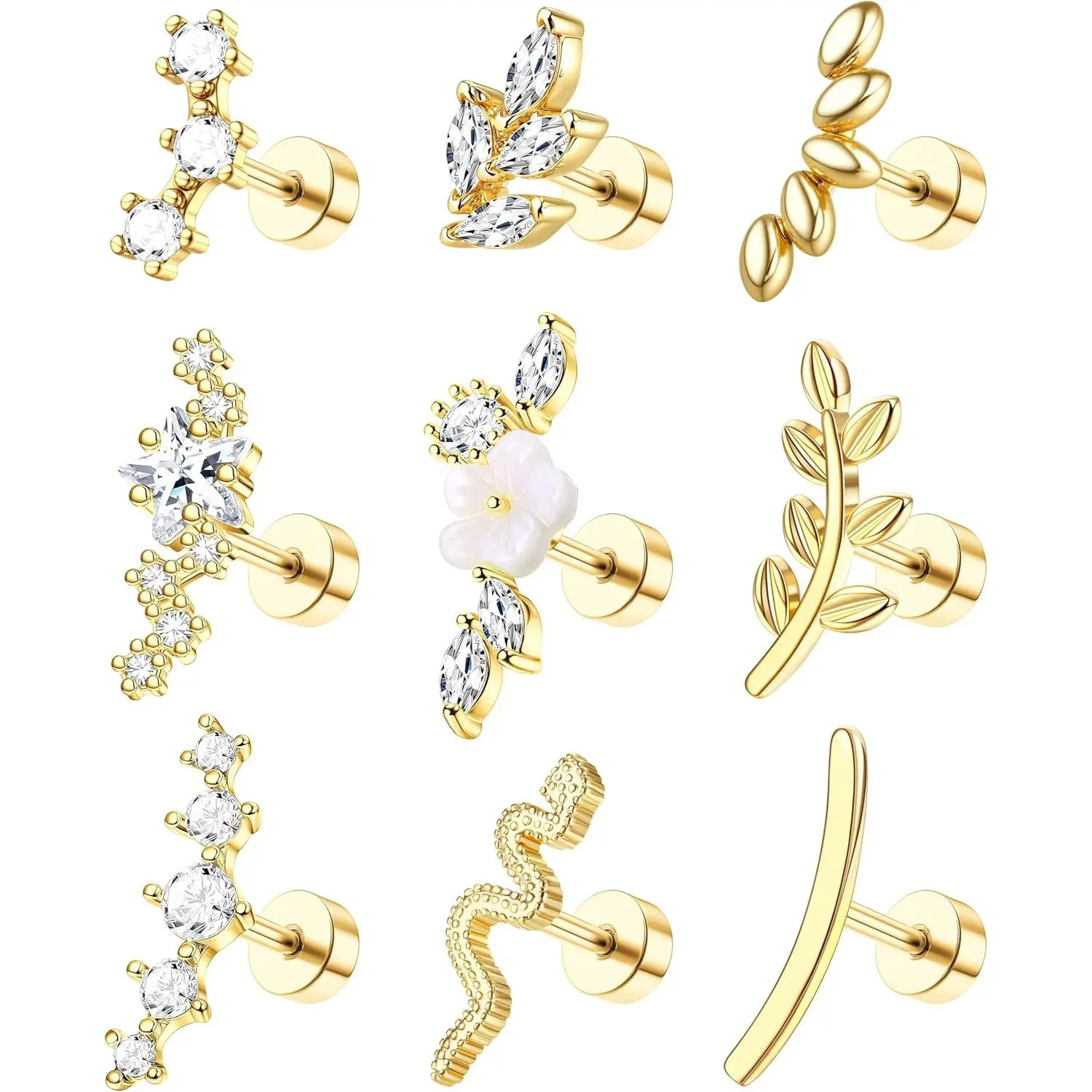 ZELORES Women's 9Pcs 16G Rose Gold Stainless Steel Flat Back Stud Earrings Set - Crystal-Encrusted Multi-Shape Body Jewellery for Helix, Cartilage Piercings (Boxed), Body Piercing Kit, Dainty Stacking Earrings