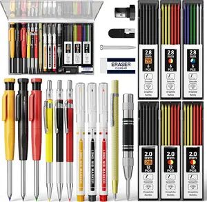22 Pack Carpenter Pencil Set with Sharpener, Mechanical Carpenter Pencils with 60 Refills, Deep Hole Long-Nib Marker Pens, Carbide Scribe Tool & Construction Pencils for Architect with Case