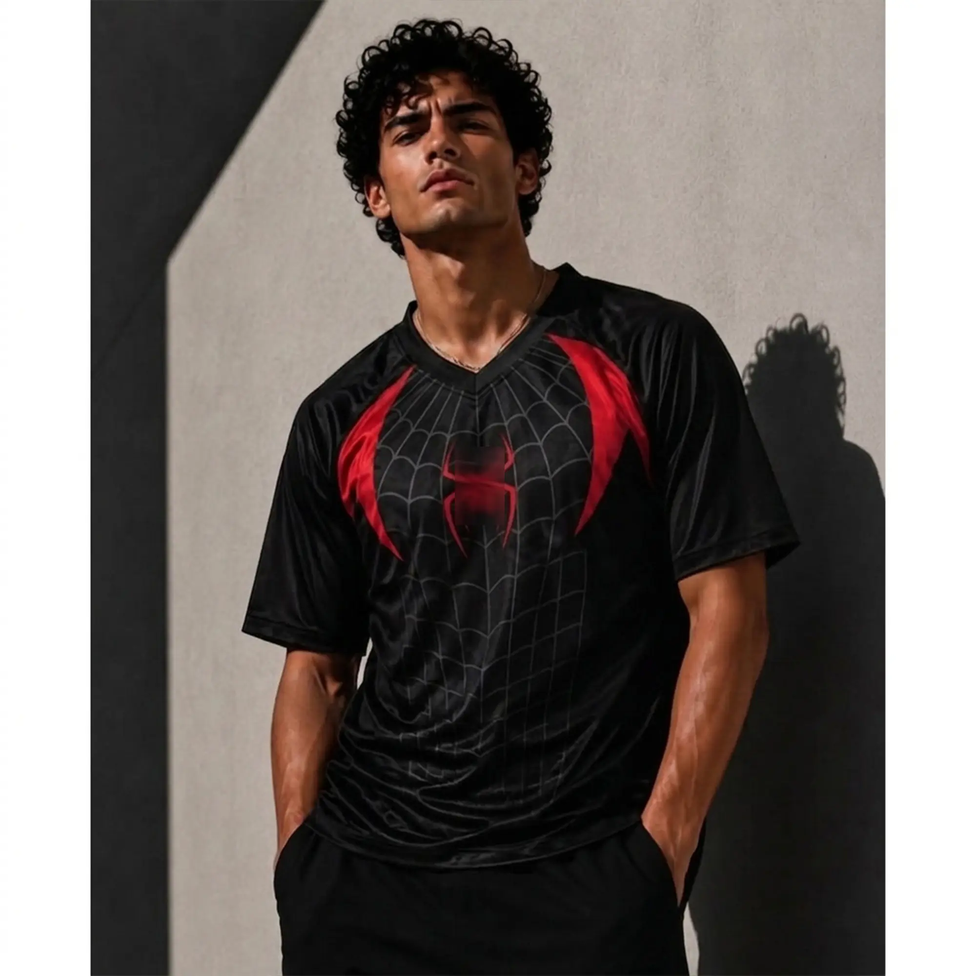 Spider Symbol Football Jersey, Black Red Soccer Jersey Shirt, Vintage Athletic Sportswear Top, V Neck Short Sleeve Streetwear, Oversized Casual Fan Shirt, Trendy Gift for Superhero Fans
