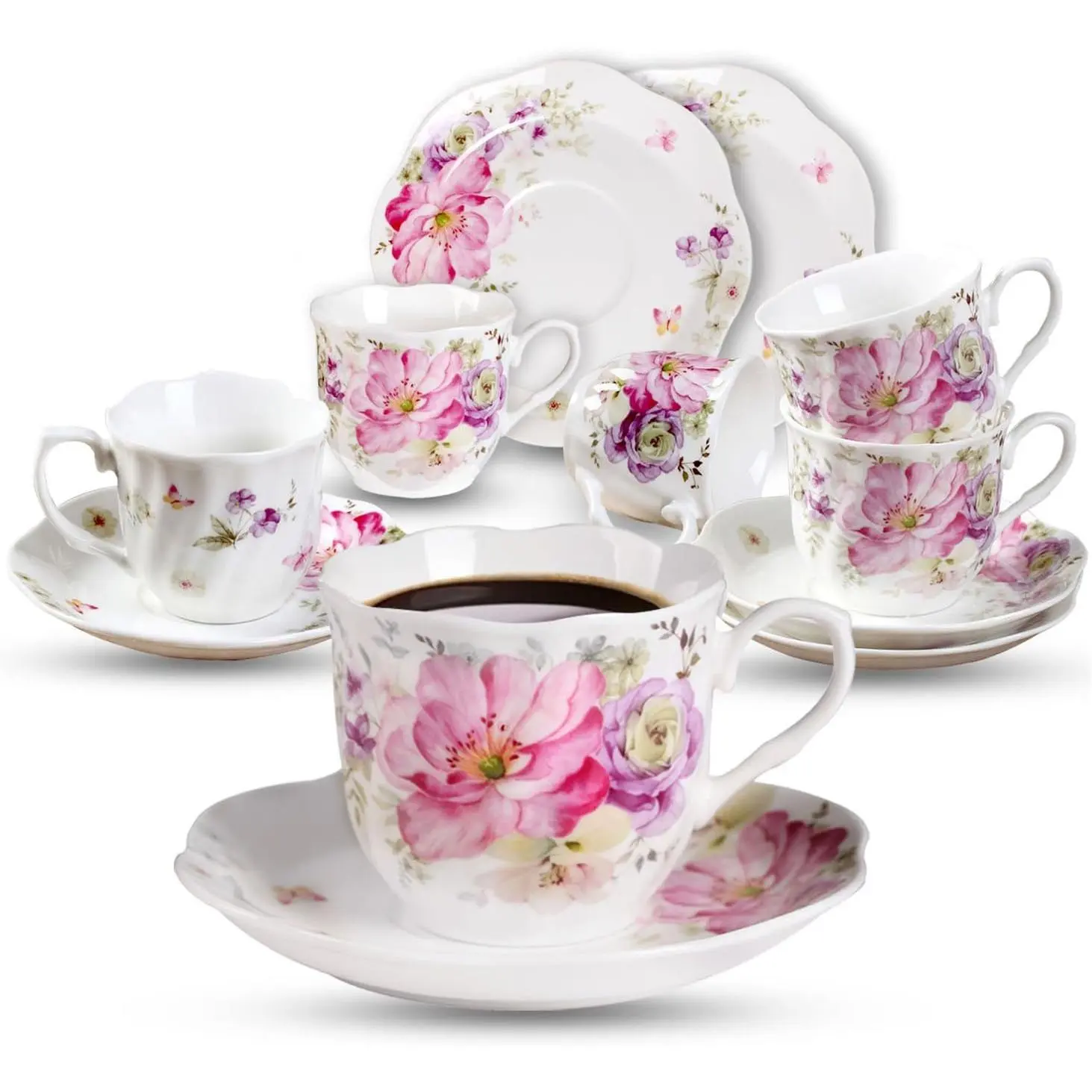 12 count ( Style) Espresso Cups and Saucers,2.5 ounce/80ml,Set of 6,Mini Premium Porcelain Coffee Cup Set, Fancy Flower Pattern Design