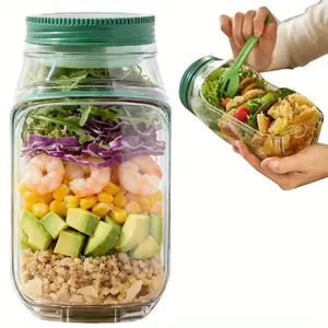 Portable Vertical Salad Container with Spoon, Side Open Airtight Salad Jar for Lunch, Picnic & Travel