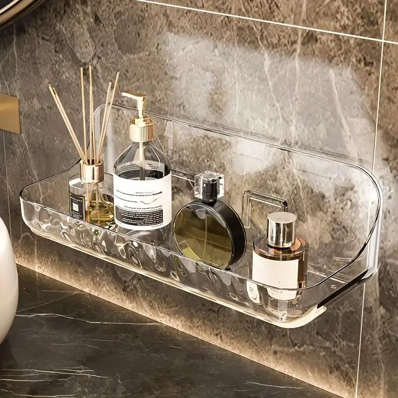 1 Acrylic Wall Mounted Storage Rack, Transparent No Drill Design for Bathroom and Cosmetic Organization, Easy To Install with Minimalistic Style, Bathroom Accessories Organizer
