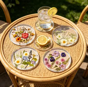 ADISEN 4pcs Acrylic Coasters Desk Coffee Table Heat-Resistant Mats Fashionable Round Desktop Protector Home Decor Set Cute Floral Coaster, Table Decoration, Durable Coaster,for Birthday Gift Giving, Handmade Lovers, Christmas Gift