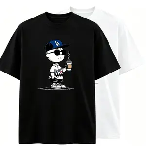 Women's T-Shirt, Charlie Brown Style LA Cap Coffee Graphic Tee, Casual Streetwear, Oversized Cotton Top,