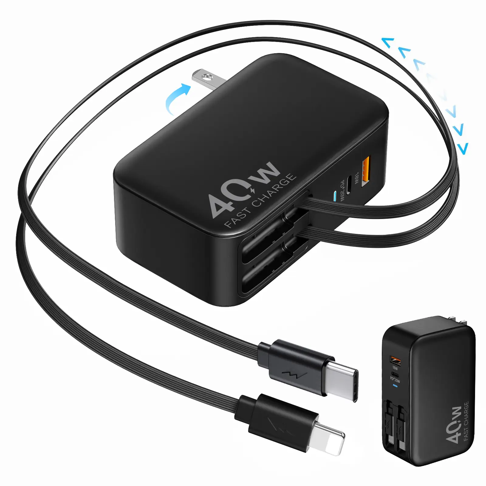 40W Fast Charging 4-in-1 Foldable Plug Charger - Durable Retractable Wall Block, Dual USB Ports, 90cm Lightning+C-Type Cables, Portable Solution for Smartphone, Cellphone, iPhone 16/15, iPad, AirPods