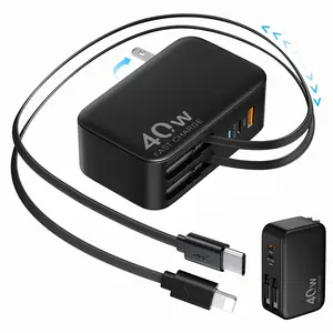 4-in-1 Retractable Wall Charger with Dual USB Ports and 90cm Lightening and Type-C Cables, 40W Fast Charging Foldable Block Compatible with ipad,iPhone 16/15, airpods,Galaxy, Pixel, and More