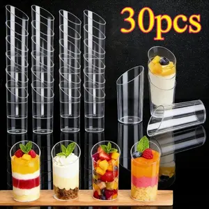 30 Pack Slant Rim Cylinder Clear Dessert Cups – Plastic Bowls, Party Cups, Disposable Cups for Pudding, Jelly, Cake & Ice Cream | Elegant Tableware for Weddings, Parties & Birthdays