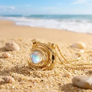 Gemstone Gold Sun and Moon Matching Set for Couples - Stainless Steel Magnetic Necklace with 18-inch Changeable Chain