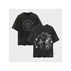 Men’s Oversized Streetwear T-Shirt, Vintage Washed Heavyweight Tee with Dragon & Samurai Graphic, Casual Cotton Short Sleeve Shirt, Loose Comfortable Breathable Top, Retro 90s Anime-Inspired Outfit, Machine Washable, Trendy Everyday Streetwear, Perfect