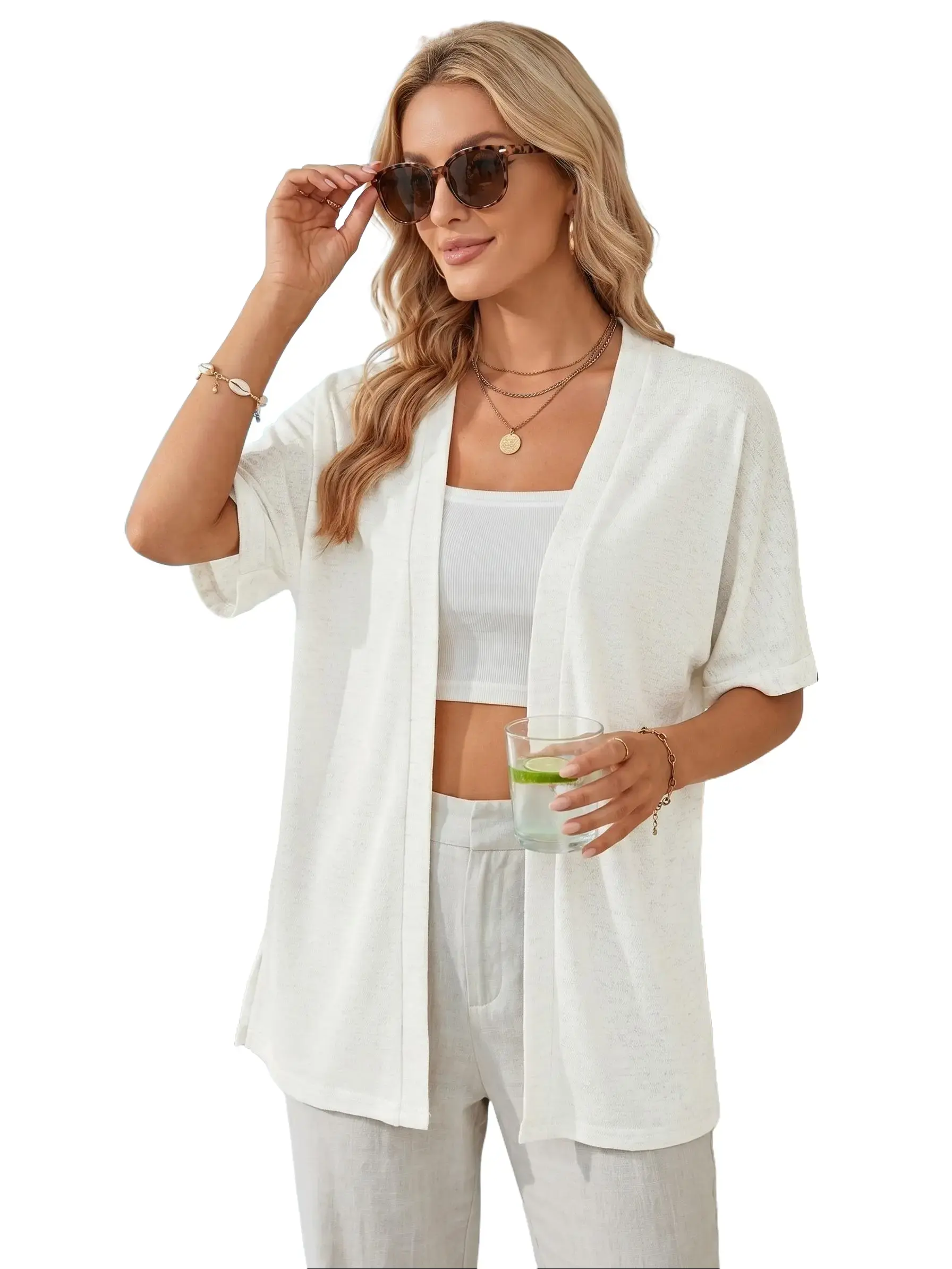 PHEFEE Womens Lightweight Kimono Cardigans Short Sleeve Drape Open Front Duster Flowy Summer Cover Up Sweaters