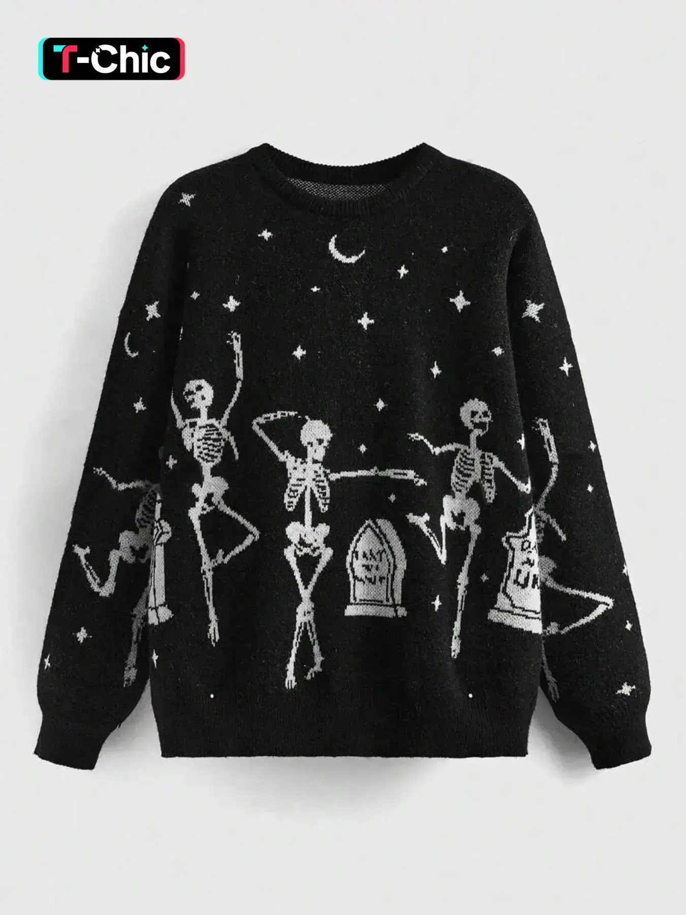 Women's Halloween Skeleton & Star & Moon Print Round Neck Soft Sweater, Casual Long Sleeve Crew Neck Jumper for Fall, Halloween Costumes, Fashion Ladies' Knitwear for Daily Wear, Everyday, Womenswear, Knitting, Tops, Graphic Knitwear