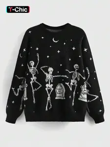 Women's Halloween Skeleton & Star & Moon Print Round Neck Soft Sweater, Casual Long Sleeve Crew Neck Jumper for Fall, Halloween Costumes, Fashion Ladies' Knitwear for Daily Wear, Everyday, Womenswear, Knitting, Tops, Graphic Knitwear