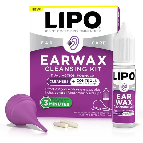 Lipo Earwax Cleansing Kit, Cleansing Ear Drops, Bulb Syringe, and Cotton Plugs, Effortlessly Dissolves Ear Wax, Easy to Use Ear Wax Removal Kit, Clinically Tested Peroxide-Free, 0.5 Fl Oz