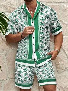 Men's Regular Fit Money Print Button Pajama Two-Piece Set, Casual Comfy Short Sleeve Lapel Shirt & Shorts PJ Set, Men's Sleepwear for Summer, Lounge Wear