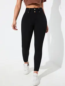 Women's Solid Color Button Fly Skinny Pants, Casual Comfy Pocket Trousers for Daily Wear, Ladies Bottoms for All Seasons