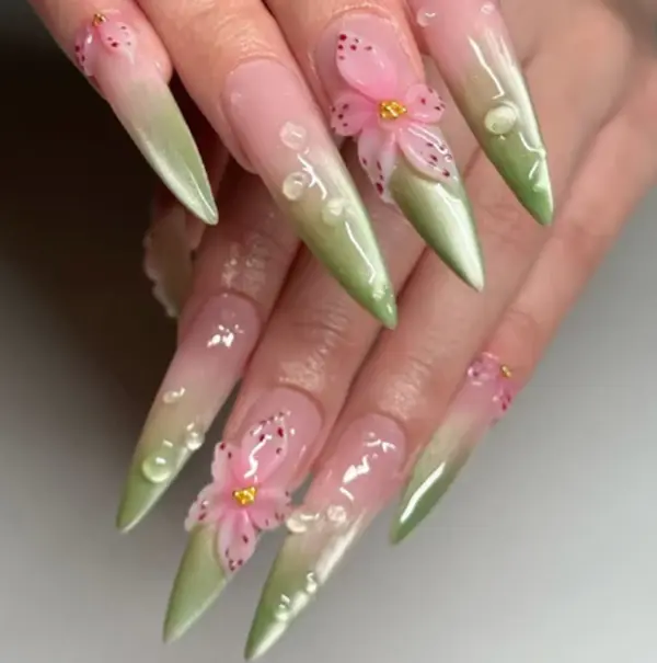 Green Cat Eye Ombre Press On Nails Long Stiletto Fake Nails 3D Pink Flower Dew Drops Water Fairycore Spring Reusable False Nails Women Party Stick On Nails Handmade Custom Acrylic Nail Art TikTok Viral Beauty Trendy Elegant DIY Manicure