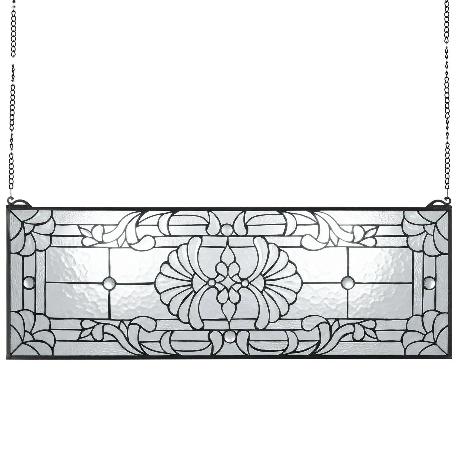 Stained Glass Window Panel, 35.2 x 13 Inches, Tiffany Style Hanging Transom Window Panel With Chain, Large Horizontal Rectangle Glass Art, Vintage Traditional Handcrafted Panel For Kitchen, Living Room, Home Decor