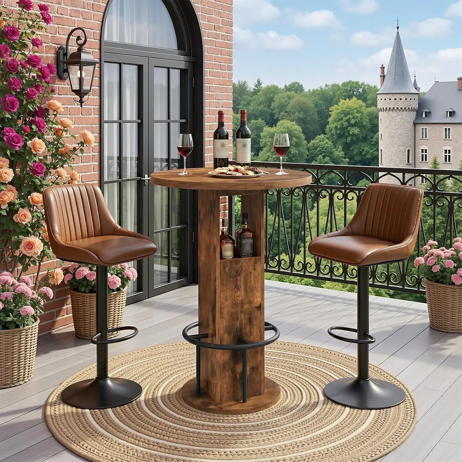MAHANCRIS Round Bar Table, 35.6" H Bistro Pub Table with Footrest | Vintage Counter Bar Height Table with Open Shelf, for Dining Cocktail Kitchen, Living Room, Balcony, Small Space (Only Table)