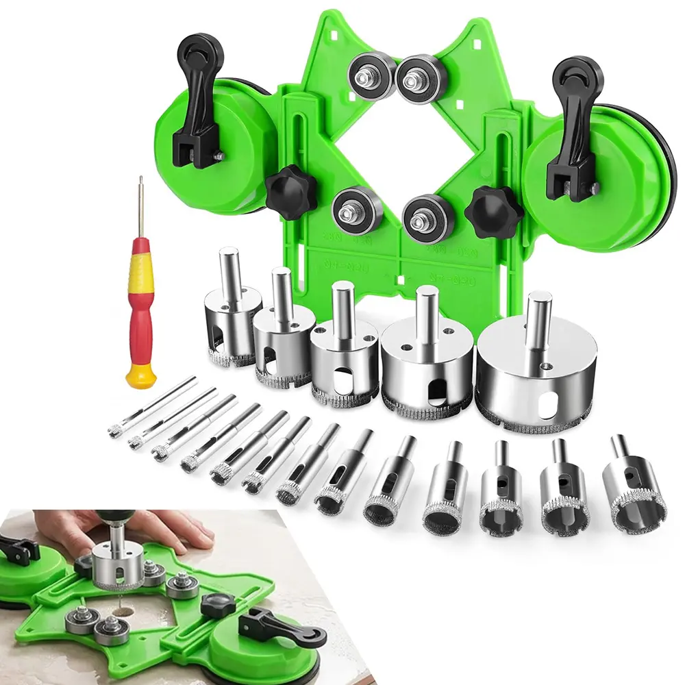 18 Packs Diamond Hole Saw Kit, Tile Hole Saw Kit with Double Suction Cup Guide, 6-50 mm Dry/Wet Drill Bits Set for Ceramic, Glass, Porcelain, Marble, Granite
