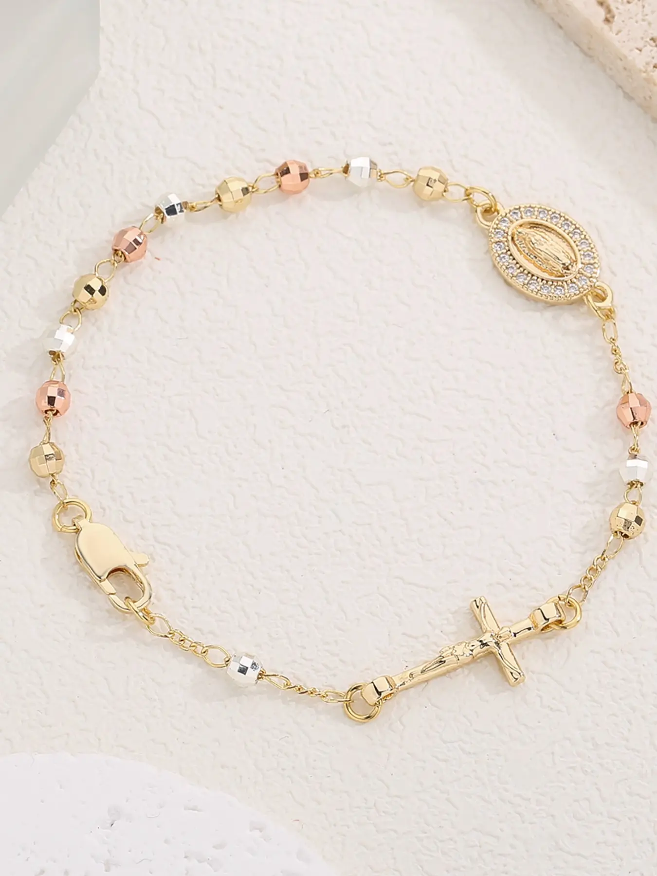 Three-Color Copper Rosary Bracelet, Classic Prayer Beads with Cross, Unisex Jewelry, Inspirational Jewelry, Faith Wear Jewelry, Perfect Religious Jewelry Gift for Valentine's Day, Birthday, All Seasons