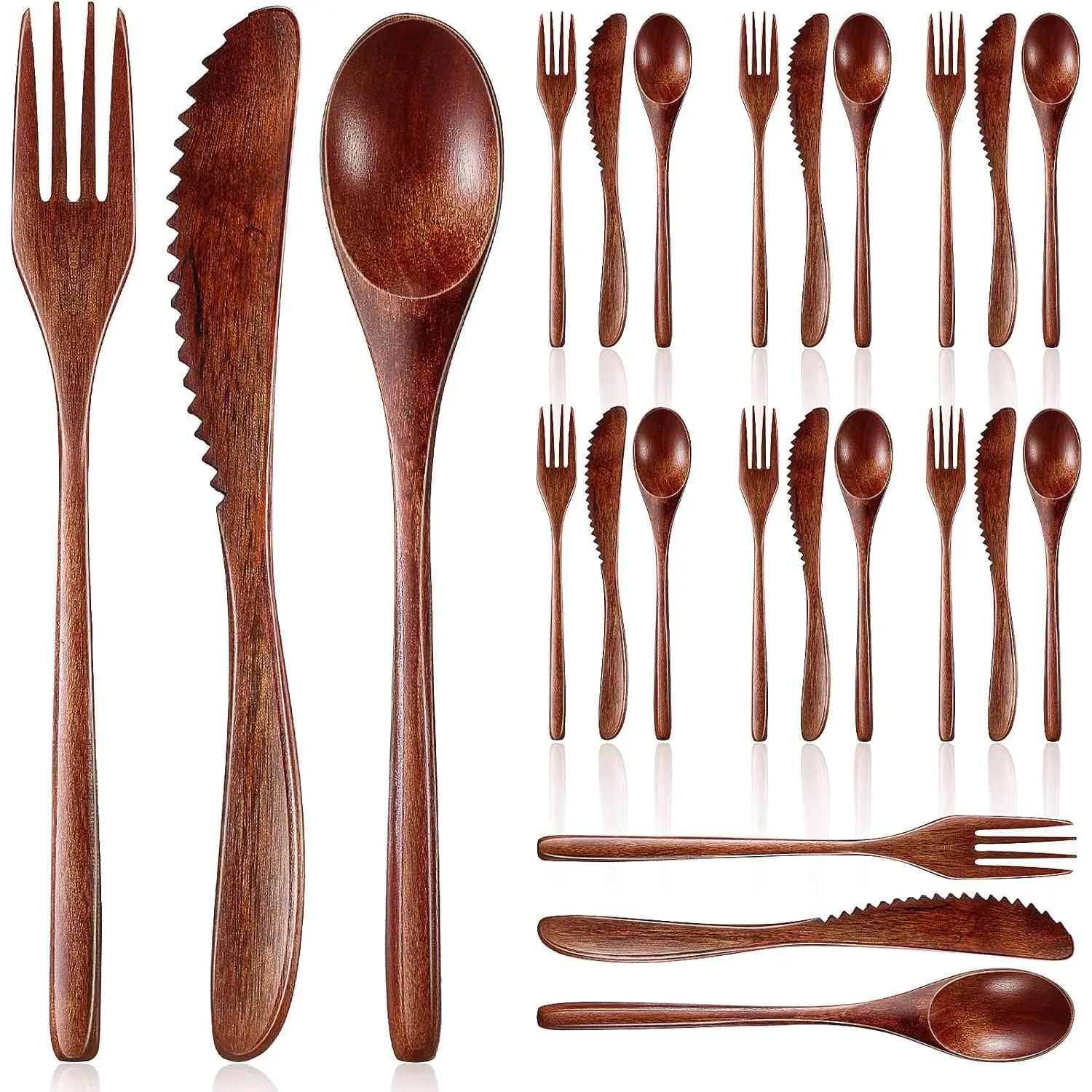 Reusable Wooden Utensils Tool Kit - 24pcs Mix Set with 12pcs Optional, Compact Tableware for Kitchen Dinner, Travel & Outdoor Activities (Includes Spoon, Fork, Knife), Reusability