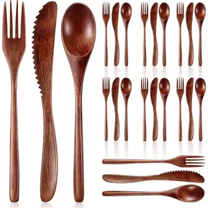 24/12 Pcs Wooden Utensils for Eating,Wooden Spoon Fork Knife Cutlery Set,Kitchen Wood Dinner Flatware Tableware Set Includes Spoon,Fork,Knife,Hand Tools Kits