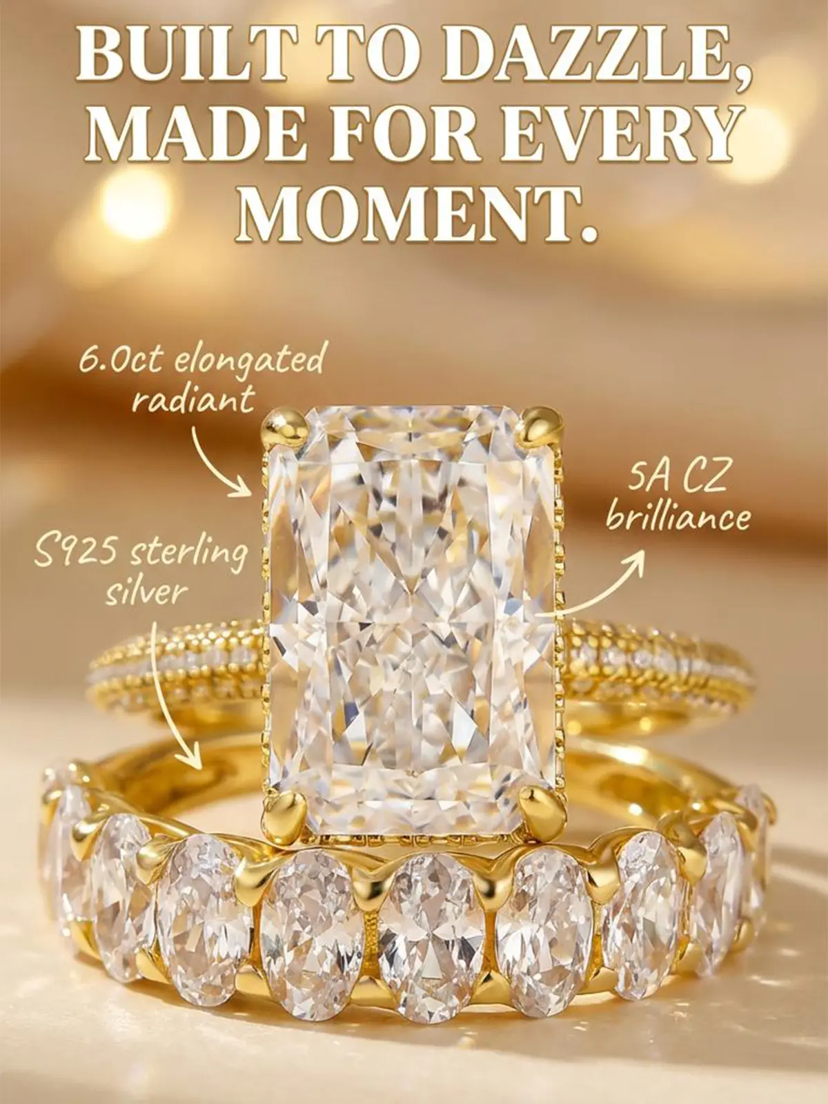 Effinny Fade-Resistant 6.0ct Elongated Radiant Cut 14K Gold Plated Wedding Ring Set In S925 Sterling Silver, 5A CZ Fashion Bridal Ring for Wedding, Party, Travel, Engagement Rings