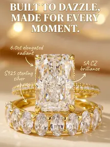 Effinny 6.0ct Elongated Radiant Cut Golden Wedding Ring Set In S925 Sterling Silver, 5A Cubic Zirconia Engagement Ring Set,Bridal Ring for Wedding, Party, Travel
