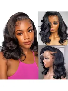 13X4 Lace Front Women's Body Wave Bob Wig, Pre-Plucked, 180% Full Density, 100% Human Hair, Natural Black Color, Basic Style, Transparent Lace, Natural Looking Hairline, Easy to Wear