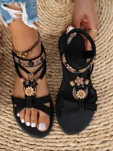Women's Fashionable Summer Bohemian Trending Sandals, Lightweight Strappy Sandals, Boho Style Black Flat Sandals for Summer Beach Vacation, Versatile Shoes for Women & Girls, Footwear, Casual Trendy Sandals, Ankle Strap Sandal