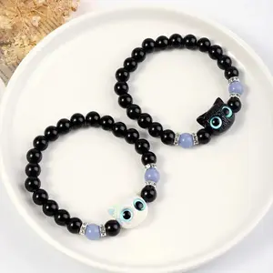 Unisex 2-Pack Luminous Cat Bangle Bracelet Set, Matching Couples Friendship Jewelry with Black & White Cat Head Beads, Cute Daily Fashion Accessory