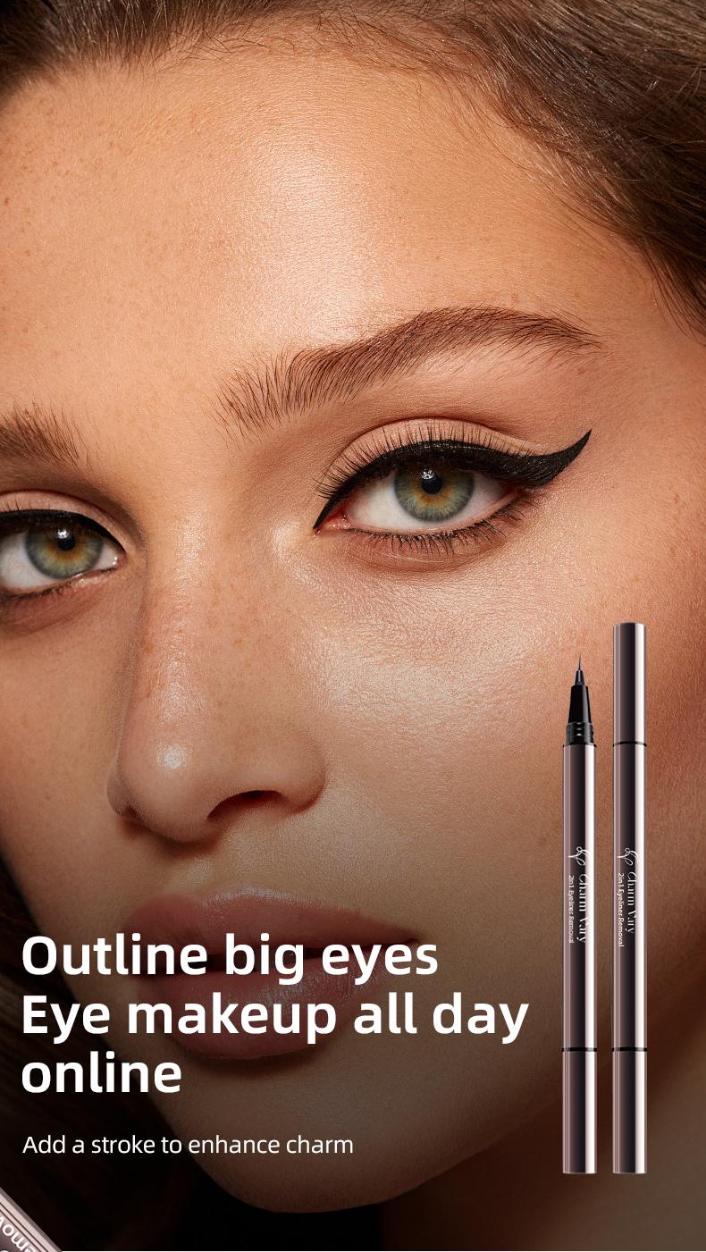 【Charm Vary】Long-lasting liquid eyeliner, 2-in-1 dual-ended design - lightweight and waterproof, vegan formula, no animal testing, smooth application for 24 hours, with a creamy and silky texture.
