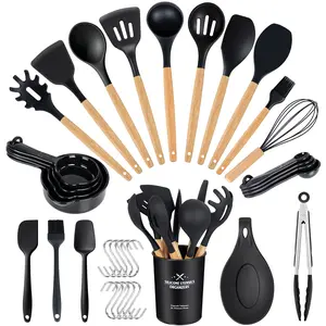 MGKKT 39 PCS Sturdy Silicone Kitchen Utensils Set with Wooden Handles, 446°F Heatproof Food-Grade Non-Scratch BPA-Free Spoons & Gadgets for Nonstick Cookware, Herbal Infusion, Bpa-Free Cooking Spoons, Food-Grade Cooking Spoons