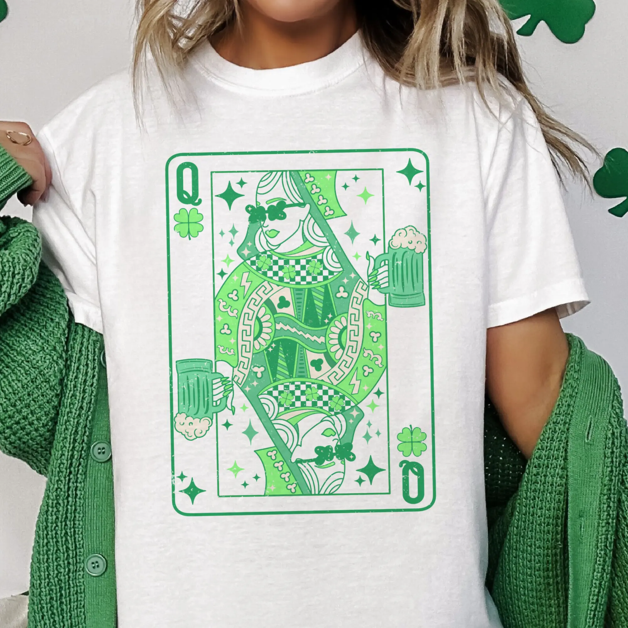 St. Patrick's Day Lady Luck Tee Queen of Clover Green Tshirt St Patricks Lucky Irish Top Womens St. Pattys Party Top PO