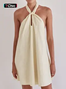 Women's Solid Color Halter Neck Front Knot Dress, Casual Sleeveless Dress for Summer, Ladies Clothes for Beach Holiday Vacation