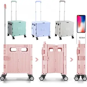 Foldable Rolling Utility Cart with 360° Wheels – Portable, Collapsible Crate with Telescopic Handle and Lid for Travel, Grocery Office Use