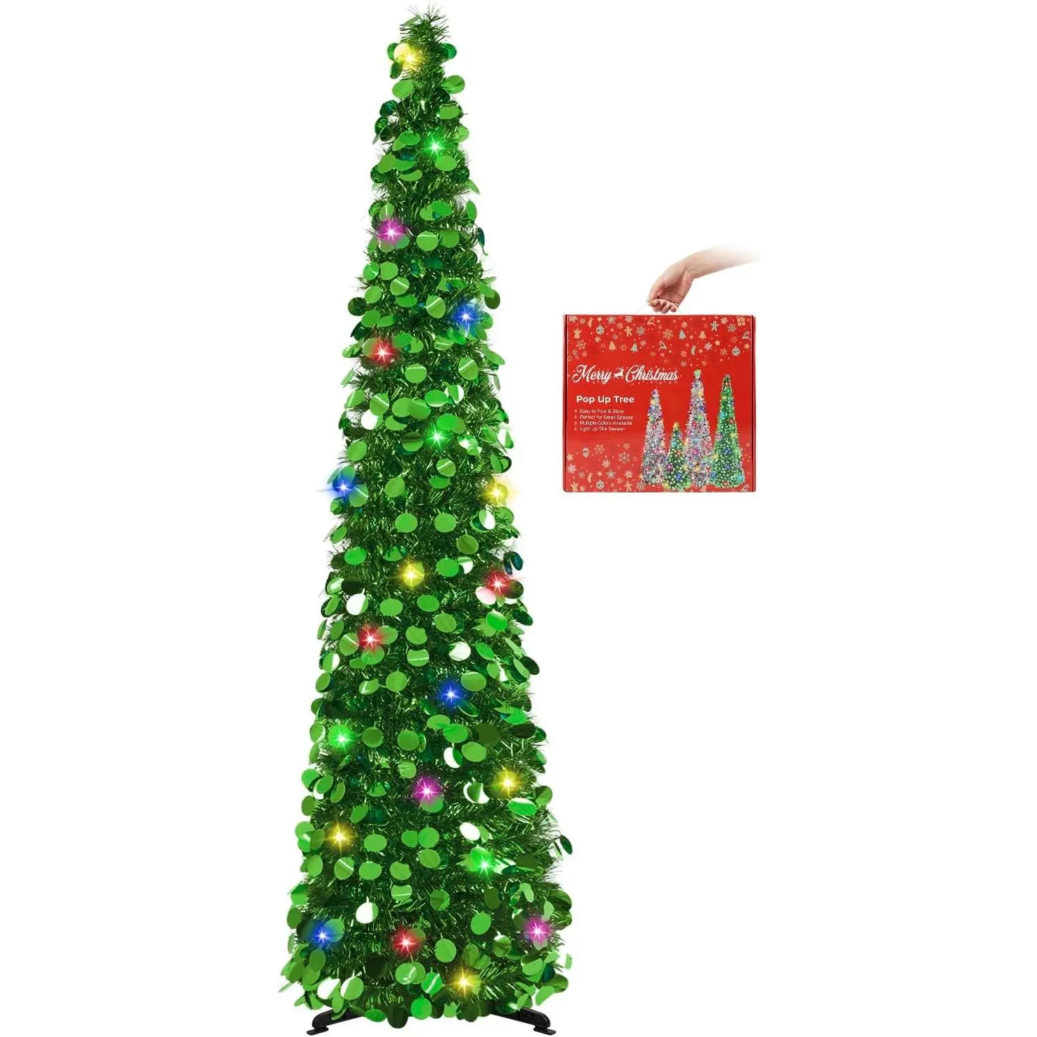 Pop Up Christmas Tree with 50 LED Lights 5FT Collapsible Tinsel Pencil Tree Easy-Assembly Glitter Artificial Tree for Porch Apartment Corner Home Party Indoor Xmas Decorations,Green