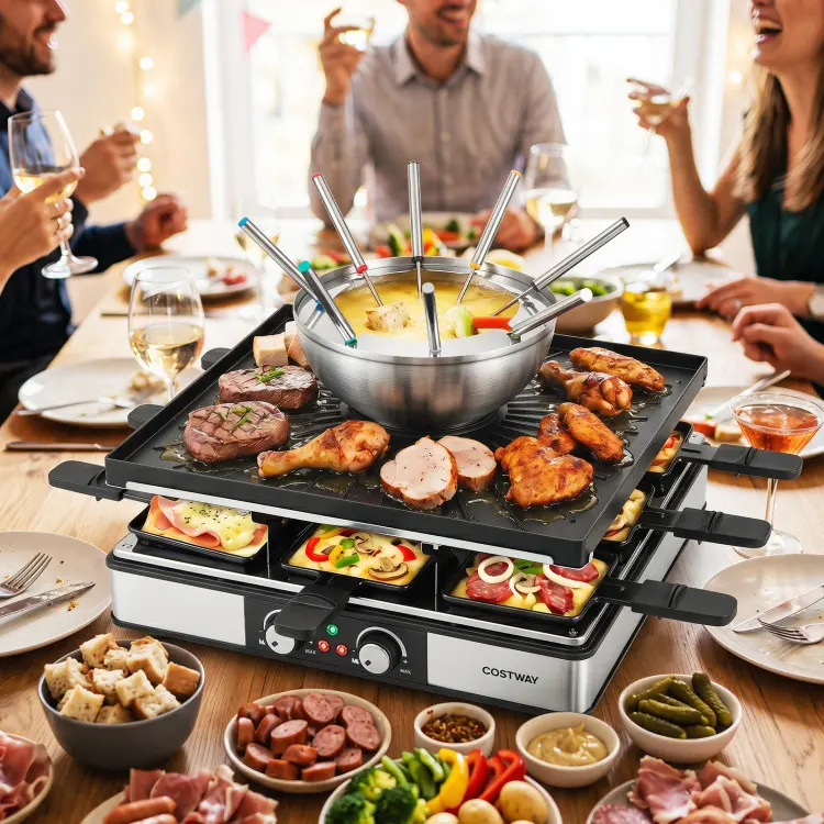 COSTWAY Electric BBQ Grill with Fondue Pot Set, Raclette Table Grill for 8 People, Dual Adjustable Thermostats, Double-Sided Grill Plate, 26 Accessories, Perfect for Parties Family Fun