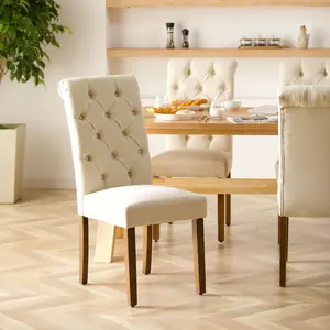 COLAMY Tufted Dining Room Chairs Set of 2, Accent Parsons Diner Chairs Upholstered Fabric Side Stylish Kitchen Chairs with Solid Wood Legs and Padded Seat - Beige